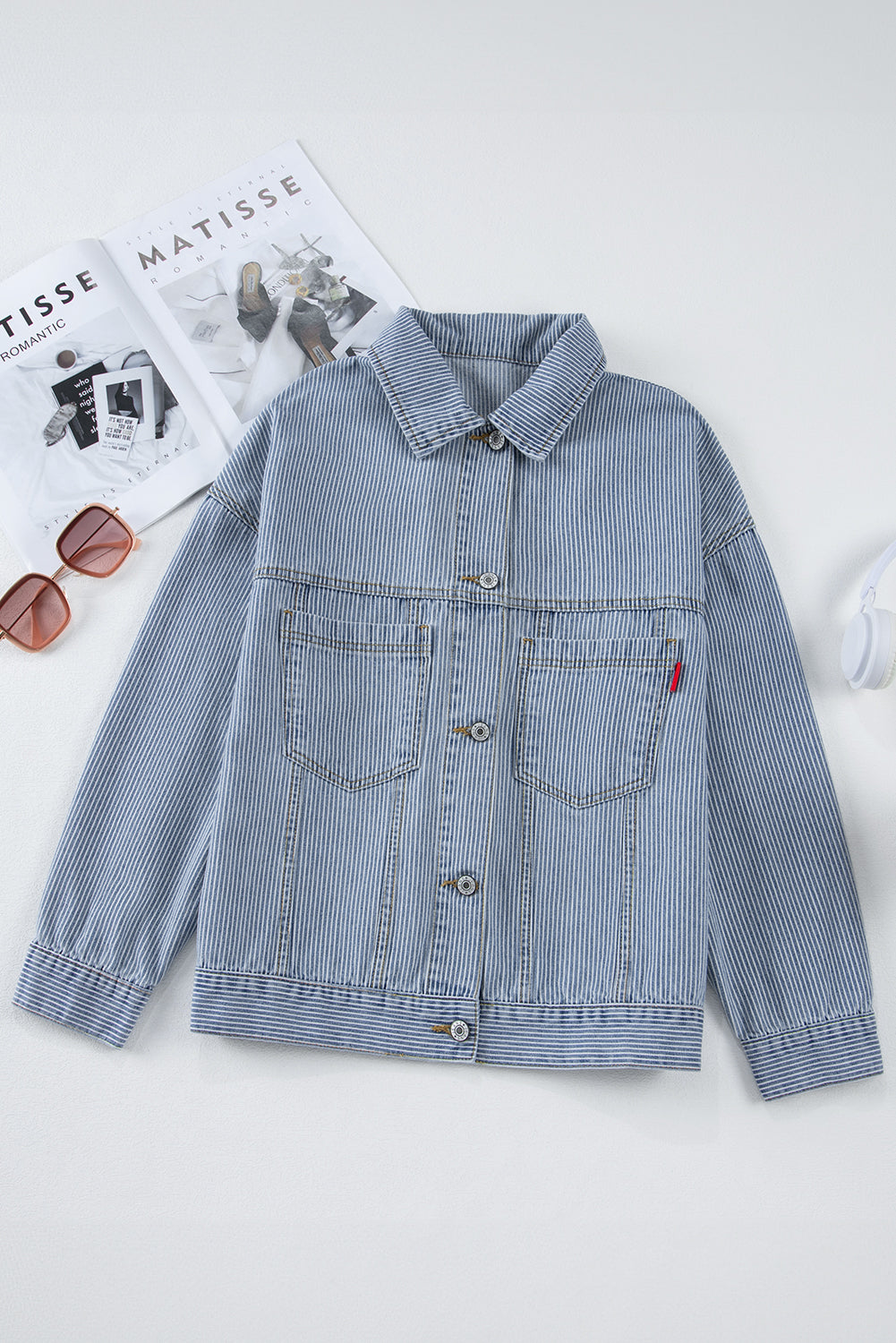 Striped Washed Denim Chest Pocket Oversized Vintage Jacket — Laid-Back Casual Style - Outerwear/Denim jackets
