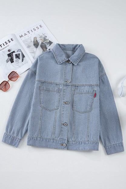 Striped Washed Denim Chest Pocket Oversized Vintage Jacket — Laid-Back Casual Style - Outerwear/Denim jackets