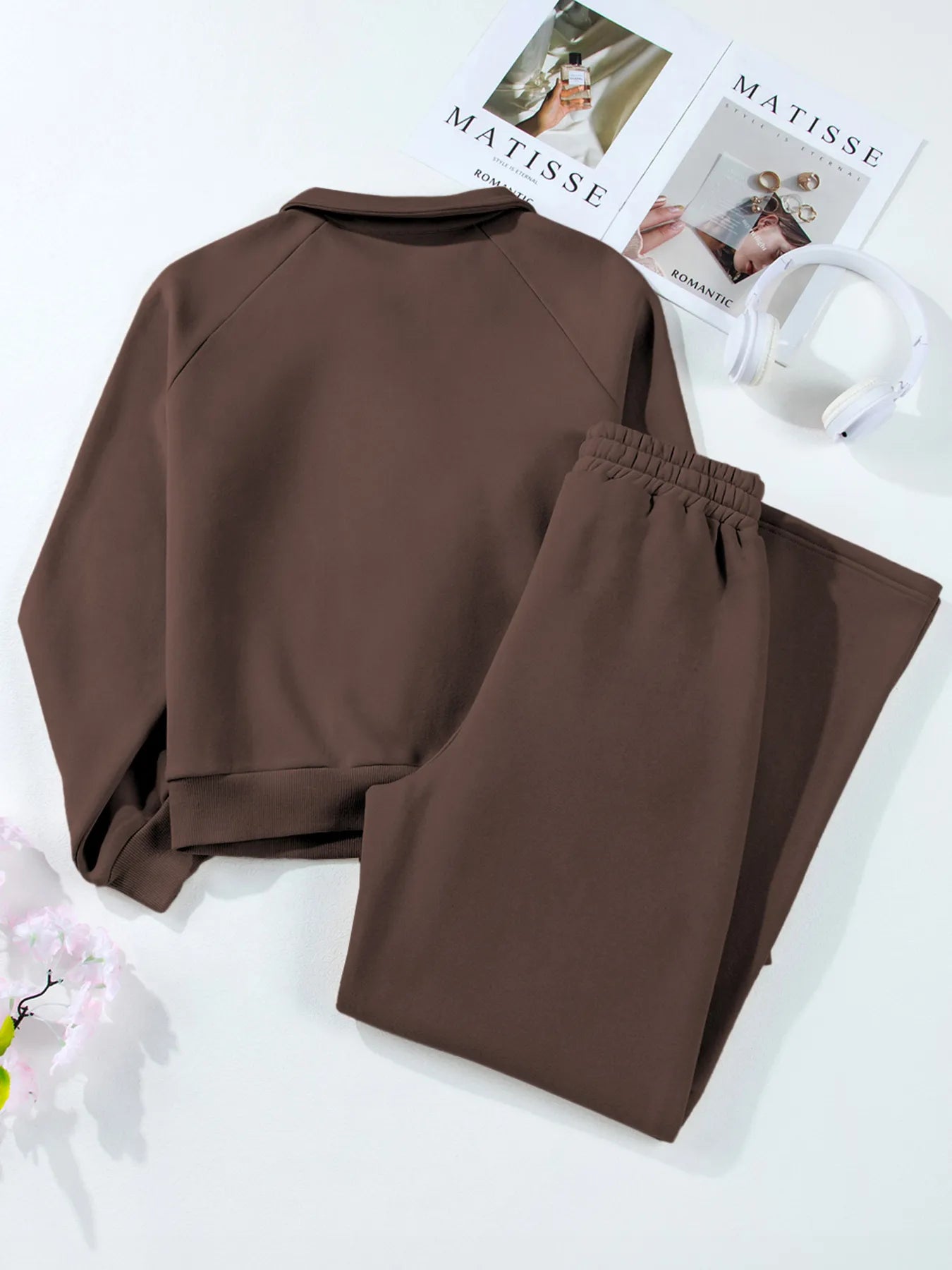 Women's Collared Sweatshirt and High Waist Pants Active Set - Activewear Sets
