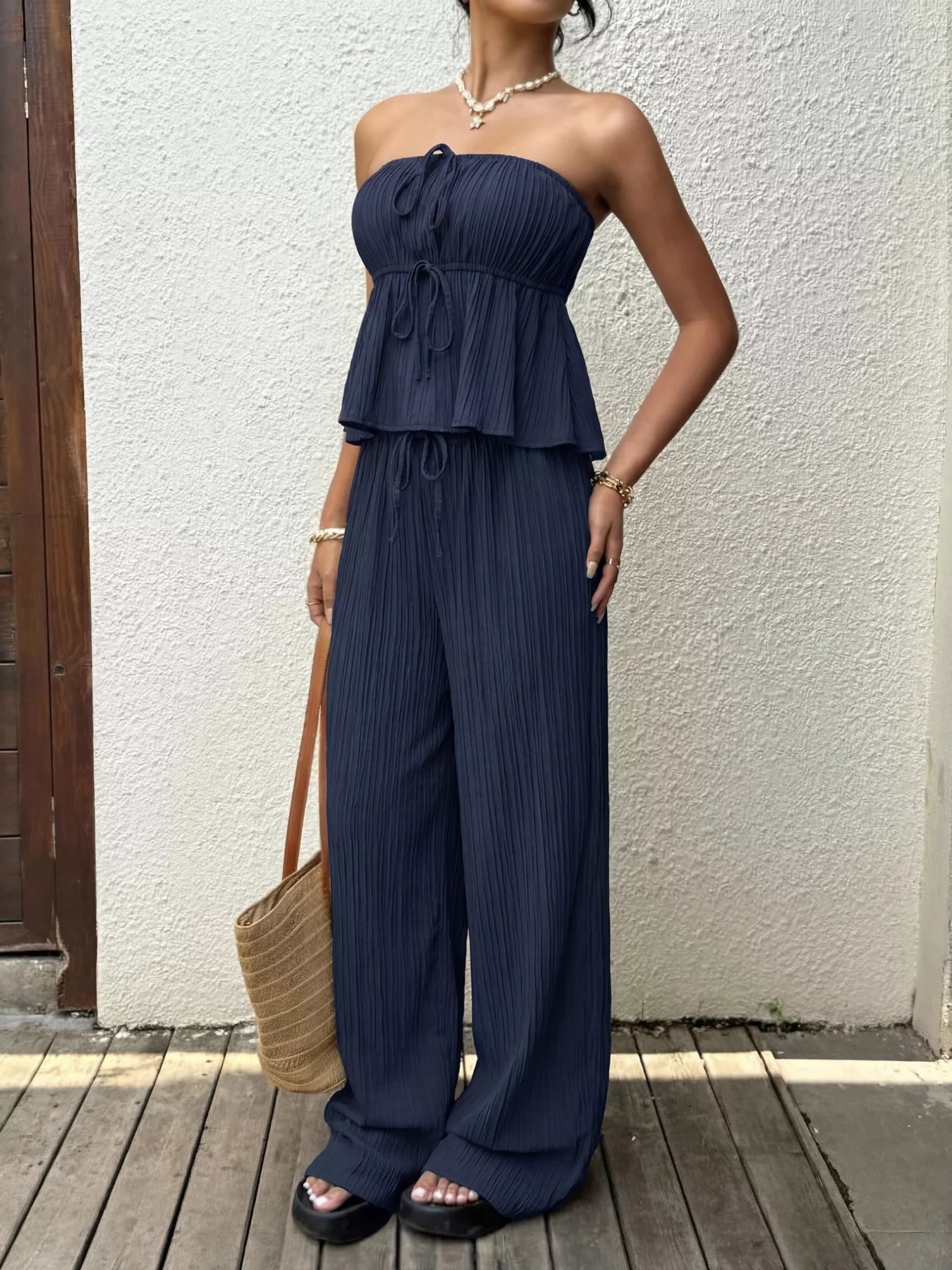 Women's Textured Tube Top and Flowy Wide Leg Pants Set - Matching Sets