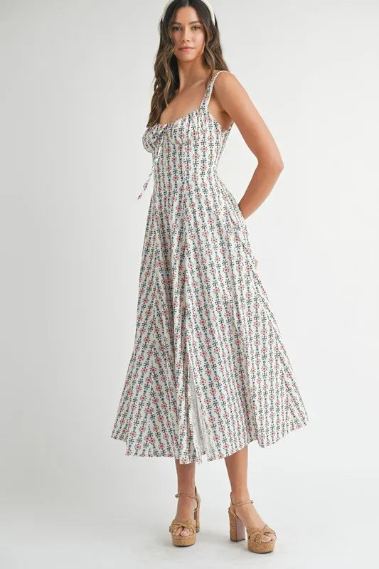 Floral Print Bustier Back Lace Up Midi Dress – outfit idea for women | Ro + Ivy