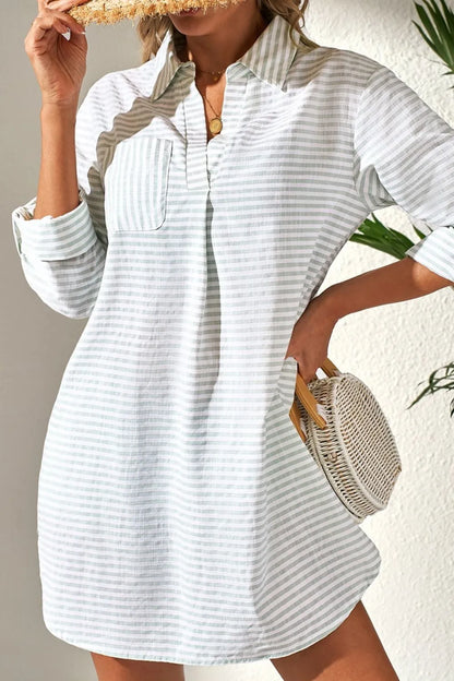 Striped Johnny Collar Long Sleeve Mini Shirt Dress - Mini Dresses