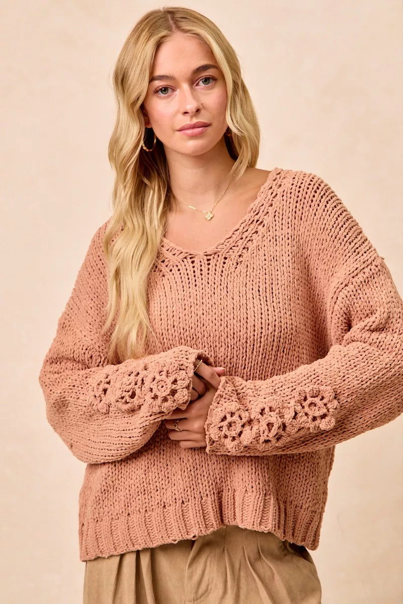 Knit V Neck Sweater with Flower Detailed Sleeves | Trendy Sweaters Outfit Idea for Women by Ro + Ivy | Elevated Basics, Modern Comfort & Style