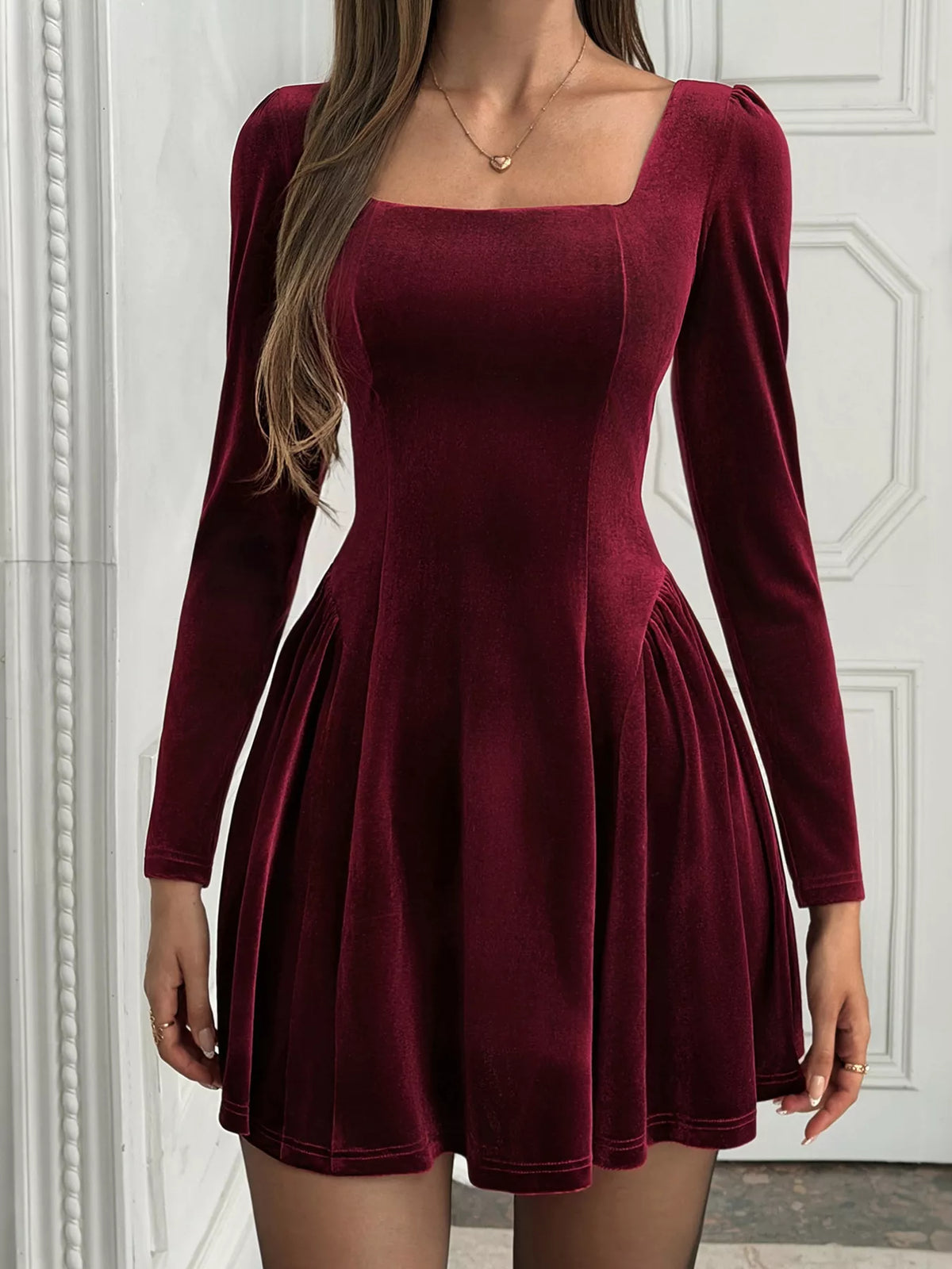 Velvet Square Neck Long-Sleeve Mini Dress with Stretch Fabric