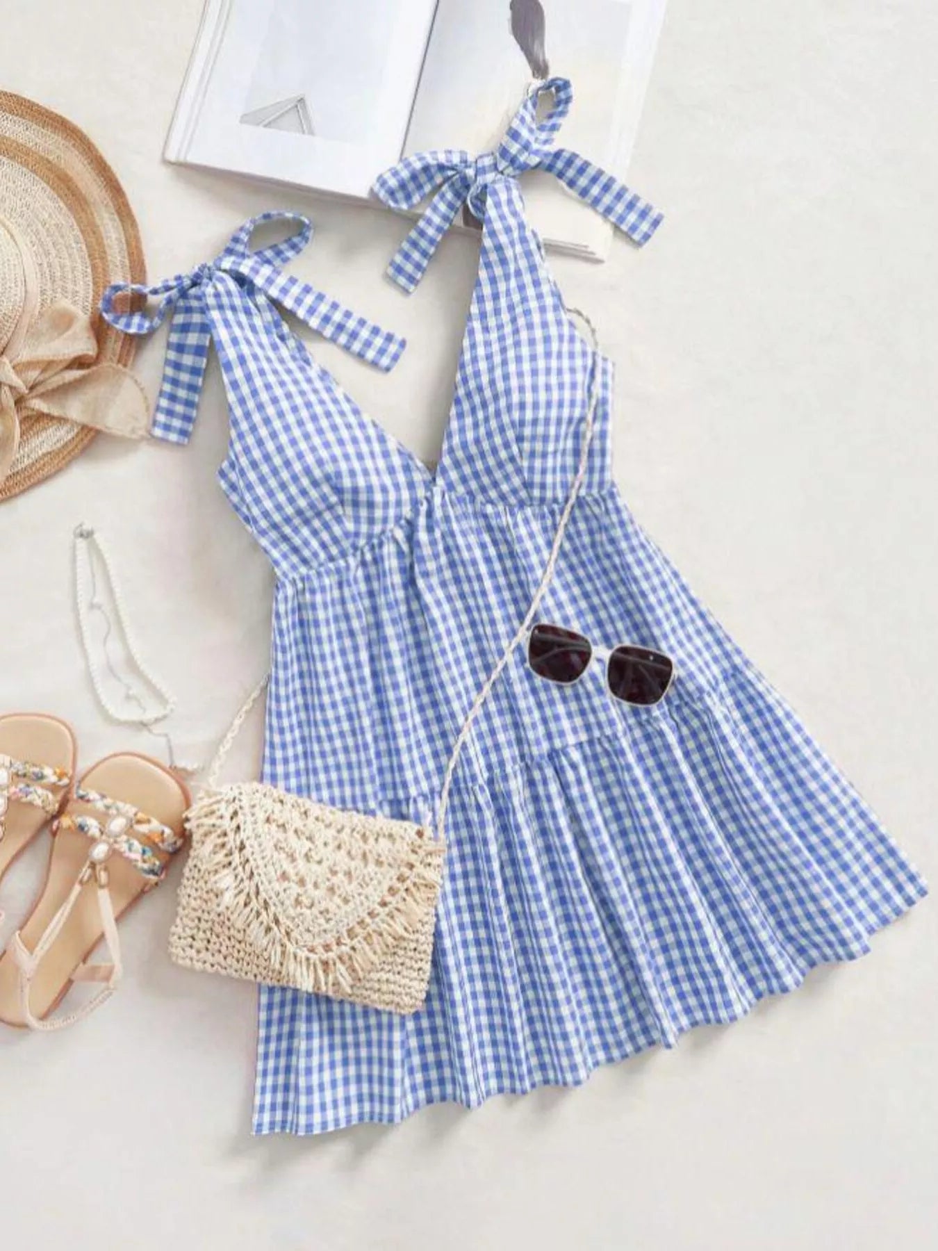 Women's Gingham Tie Shoulder Ruffle Hem Mini Dress - Mini Dresses