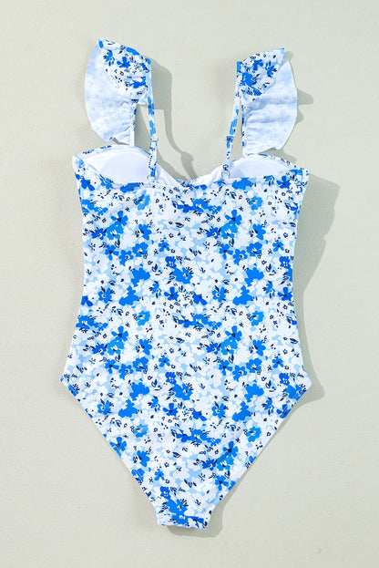 Floral Ruffle Strap Lace-Up One-Piece Swimsuit — Bold Print Removable Pads Summer Style - One-Piece Swimsuits