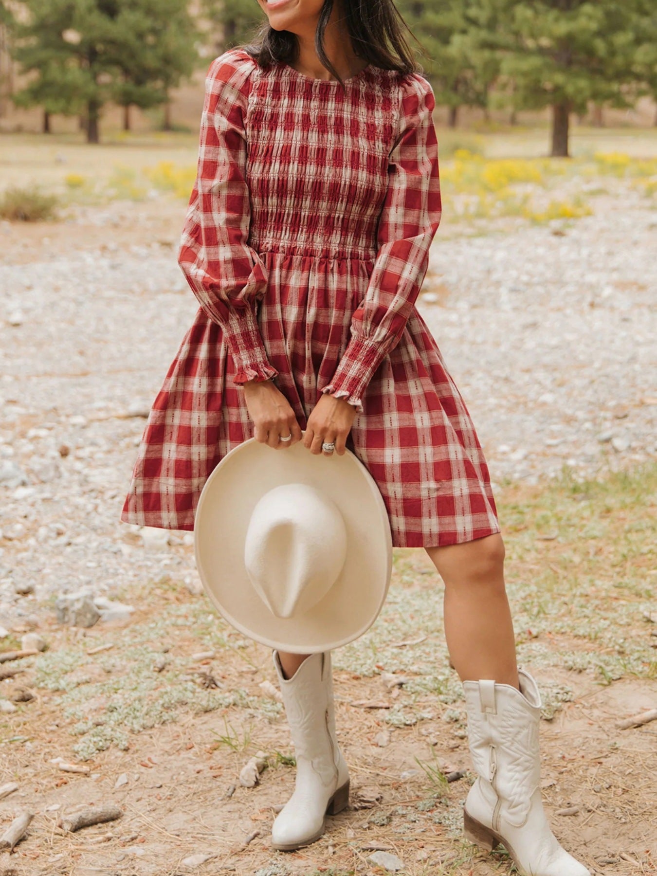 Women's Plaid Print Smocked Puff Sleeve Mini Dress - Mini Dresses