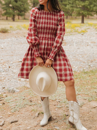 Women's Plaid Print Smocked Puff Sleeve Mini Dress - Mini Dresses