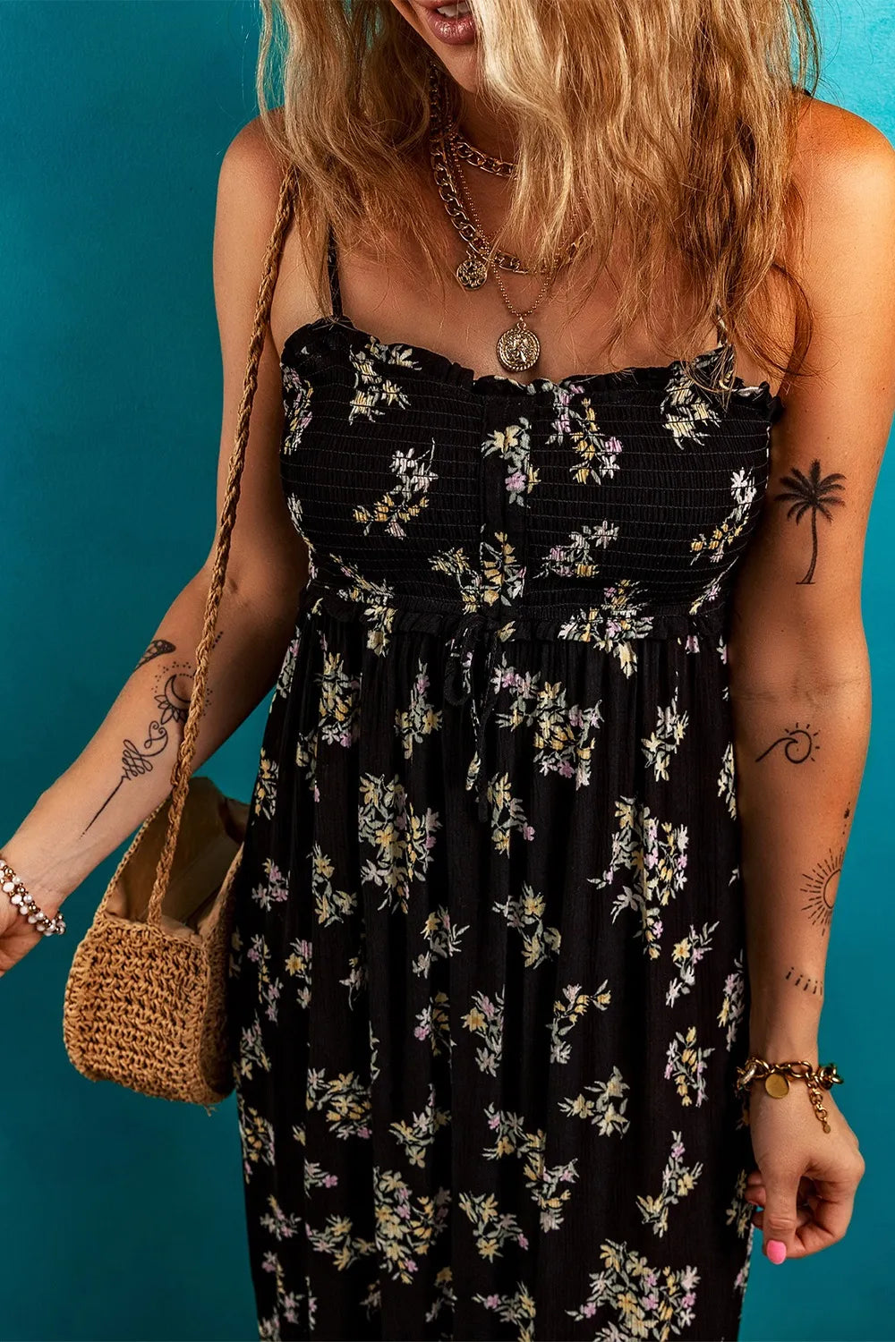 Floral Spaghetti Strap Shirred Bodice Tied Empire Waist Maxi Dress - Maxi Dresses