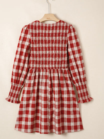 Women's Plaid Print Smocked Puff Sleeve Mini Dress - Mini Dresses