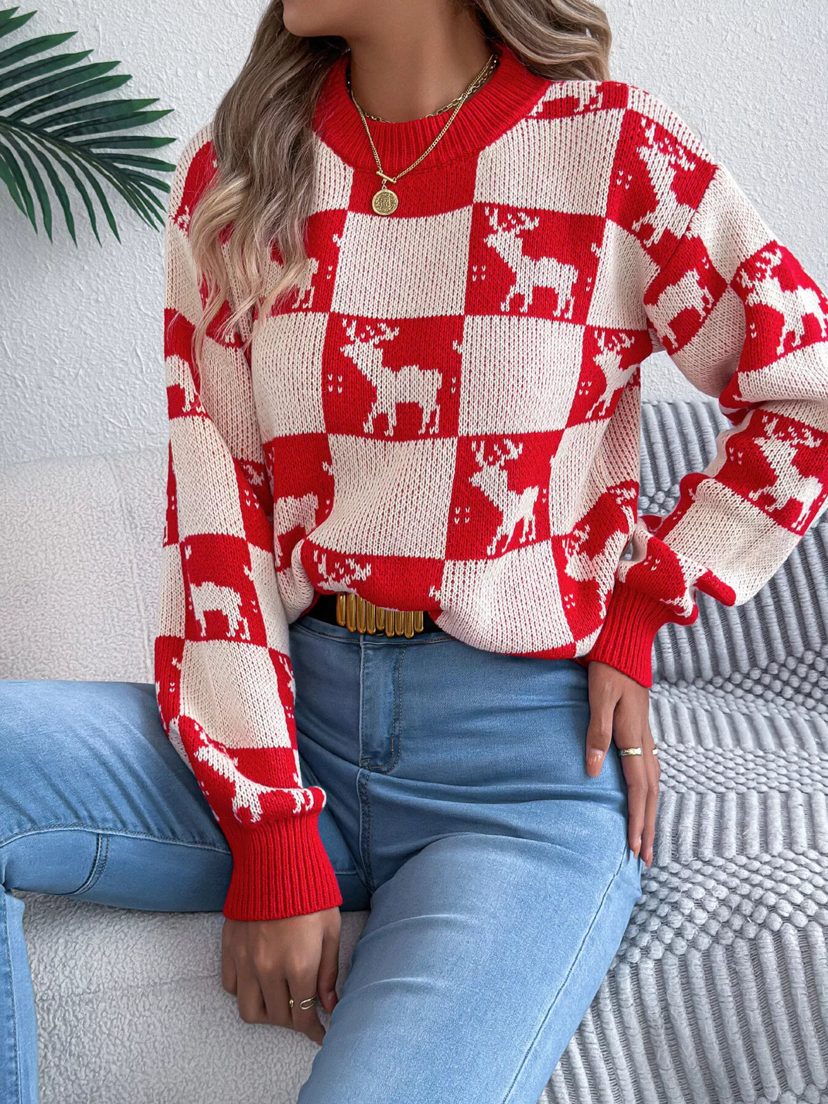 Reindeer Checkerboard Pattern Pullover Sweater