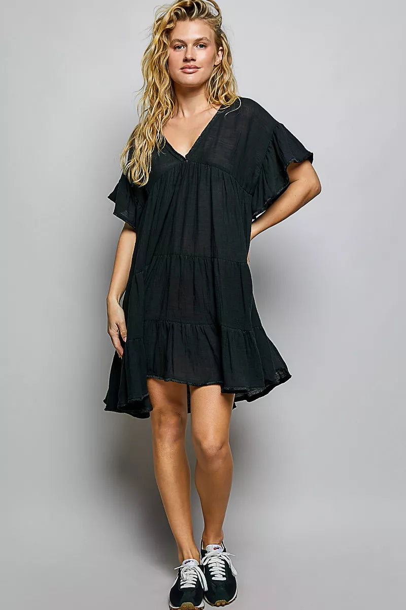 Women's Ruffle Shirred V-Neck Cotton Shirt Mini Dress - Mini Dresses