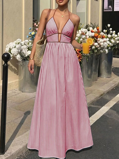 Women's Smocked Striped Halter Neck Maxi Dress - Burgundy Maxi Dresses