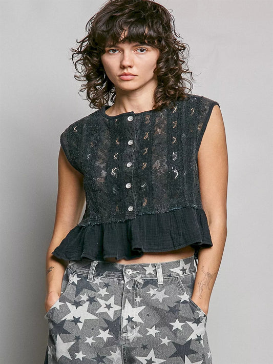Round Neck Lace Sleeveless Top with Double Gauze Ruffle - BLACK Tank Tops