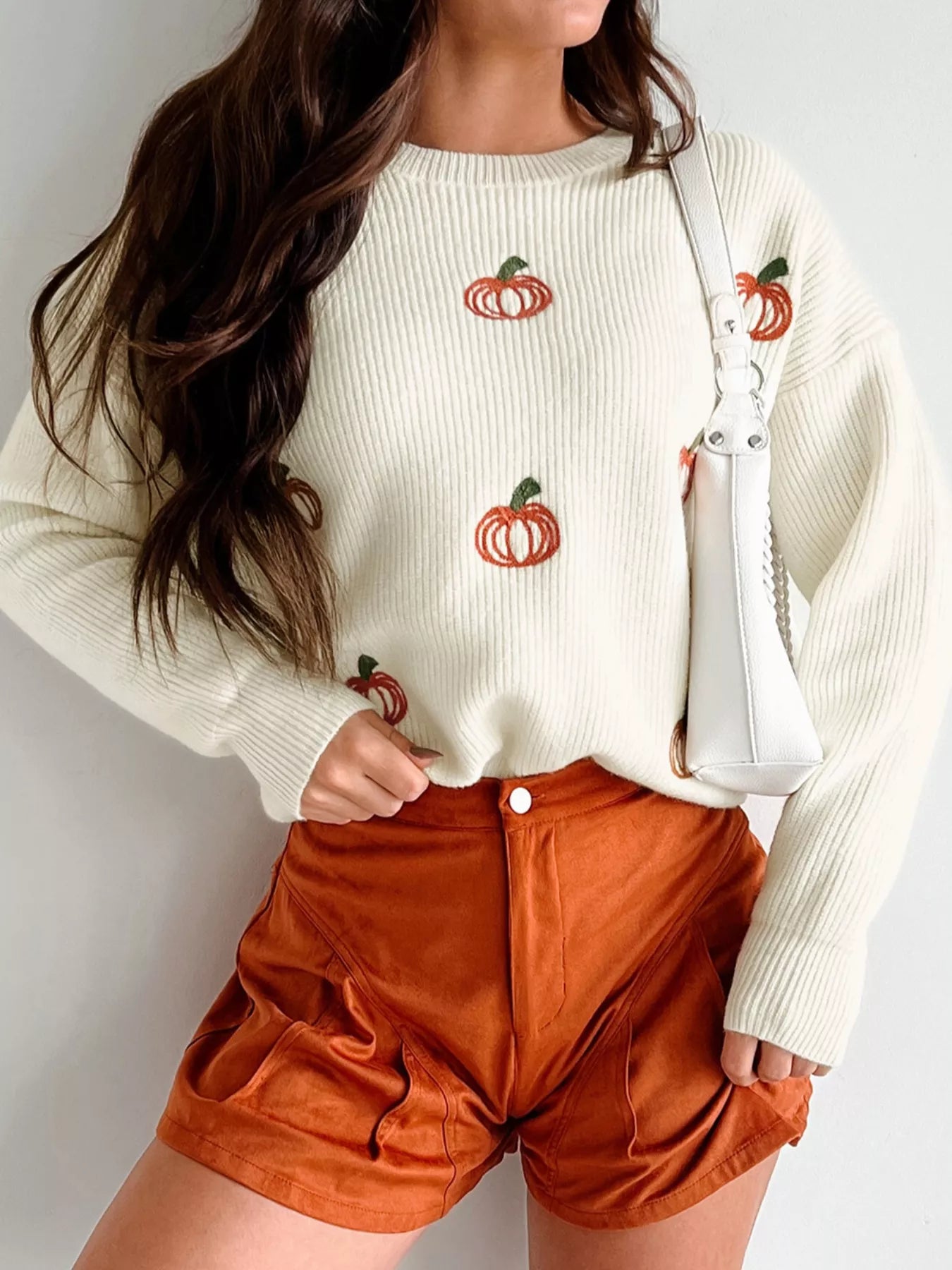 Fall Pumpkin Embroidered Round Neck Long Sleeve Sweater Cream