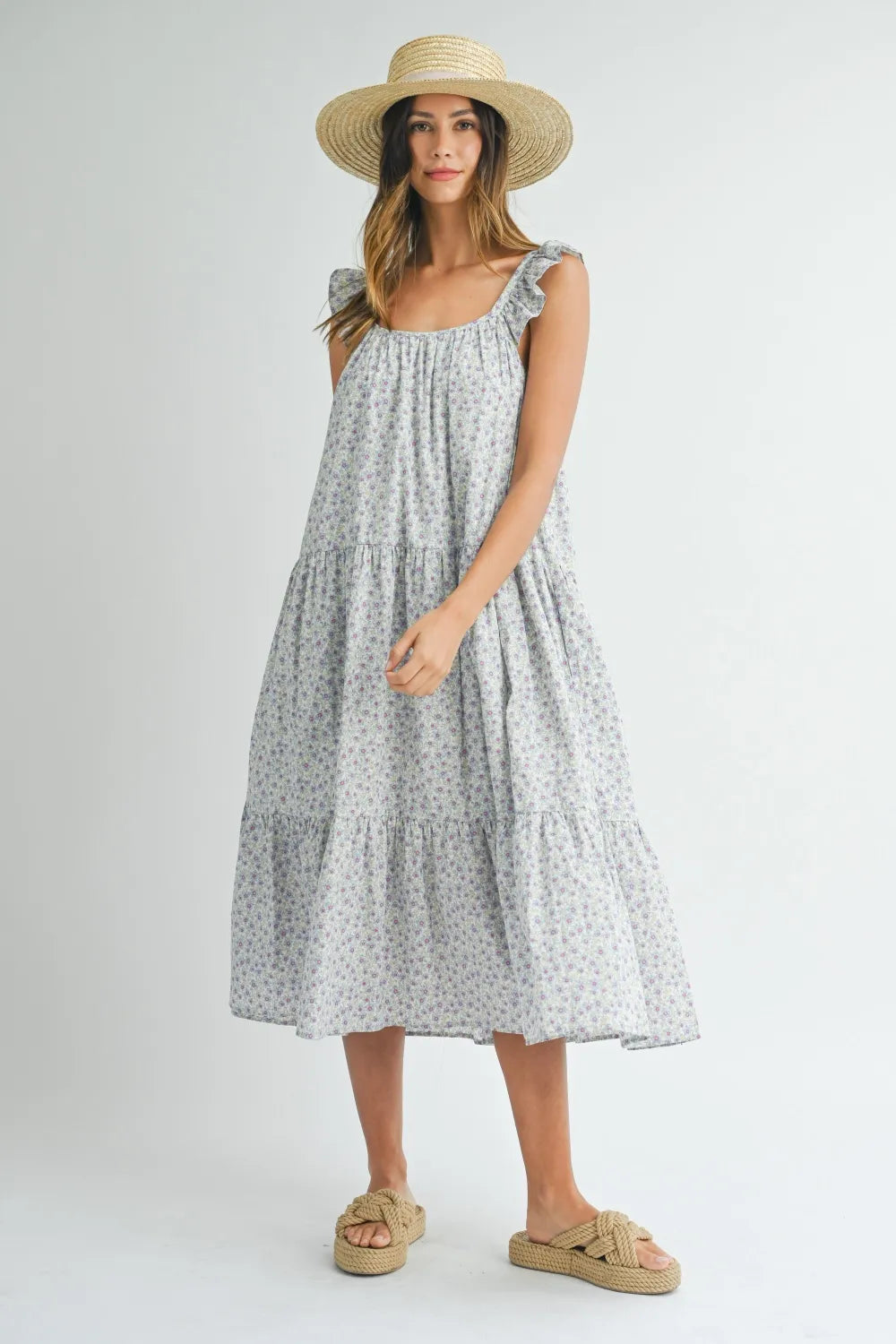 Floral Ruffle Shoulder Tiered Midi Dress - Blue Midi Dresses