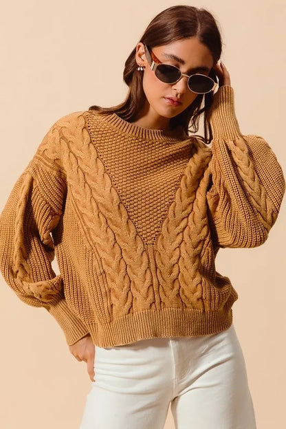 Mineral Washed Loose Fit Textured Cable Sweater – outfit idea for women | Ro + Ivy