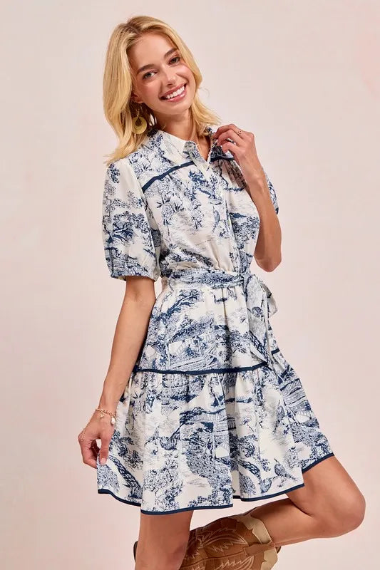 Woven Printed Tiered Mini Dress in Navy – outfit idea for women | Ro + Ivy