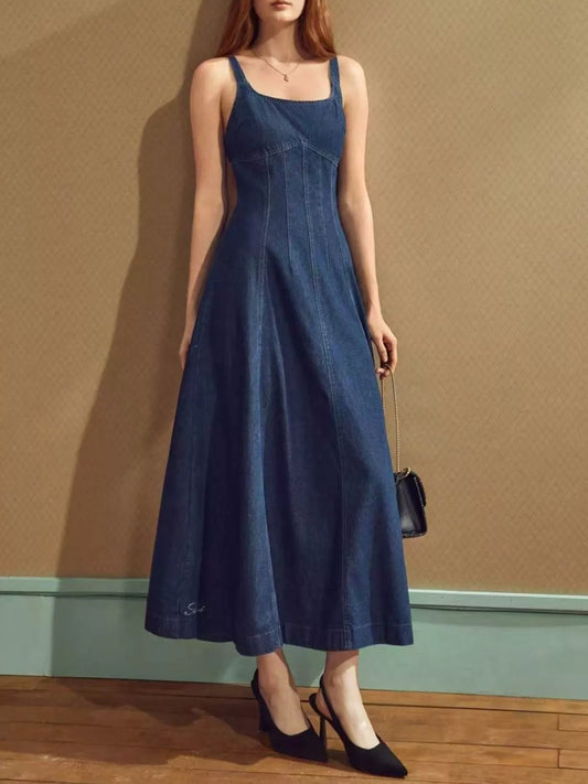 Women's Square Neck A-Line Denim Maxi Dress