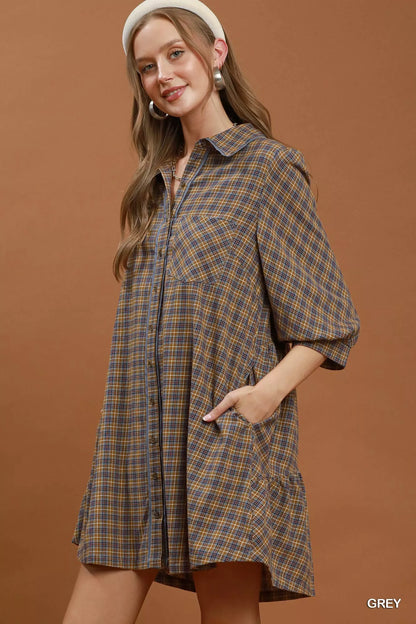 Women's Plaid Button Down Oversized Shirt Mini Dress - Mini Dresses
