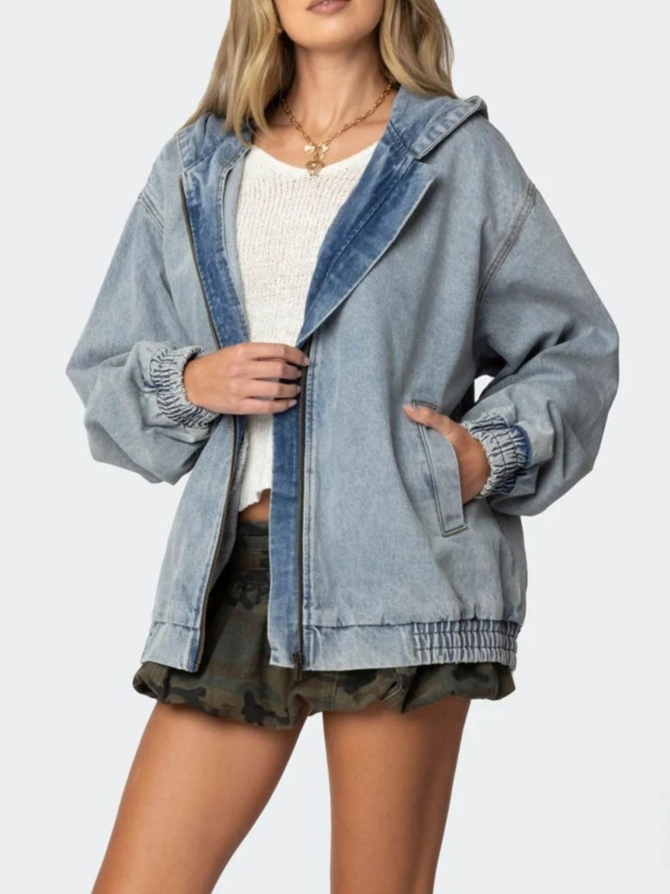 Hooded Oversized Zip Up Denim Jacket - Jackets