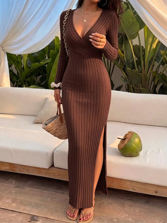 Deep-V Long Sleeve Ribbed Knit Bodycon Maxi Dress with Side Slit Coffee Brown
