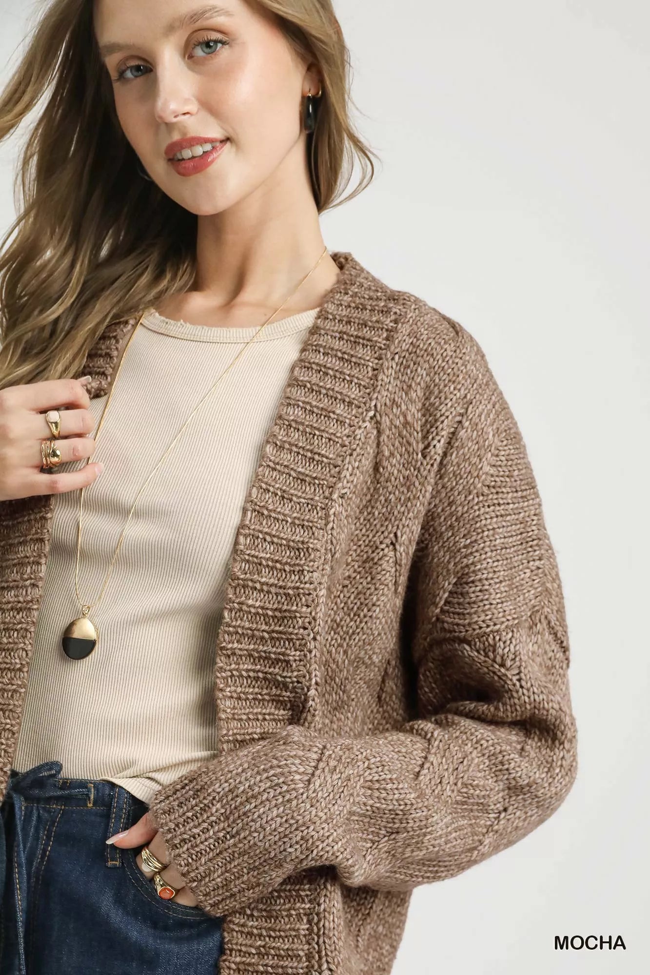 Chunky Cable Knit Long Sleeve Open Front Cardigan in Mocha | Trendy Cardigans Outfit Idea for Women by Ro + Ivy | Elevated Basics, Modern Comfort & Style