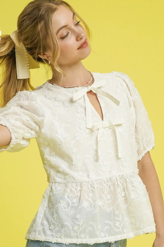 Embroidered Tie Front Peplum Blouse – Cream outfit idea for women | Ro + Ivy