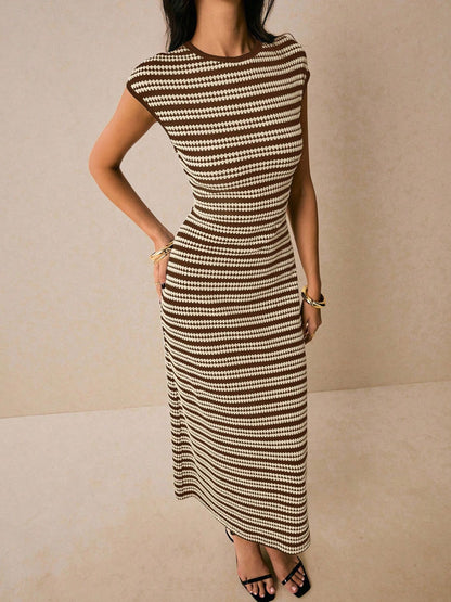 Round Neck Short Sleeve Striped Bodycon Midi Dress - Brown Midi Dresses