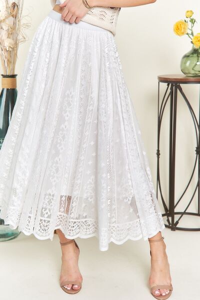 Elastic Waist Lace Midi Skirt in White - Ro + Ivy