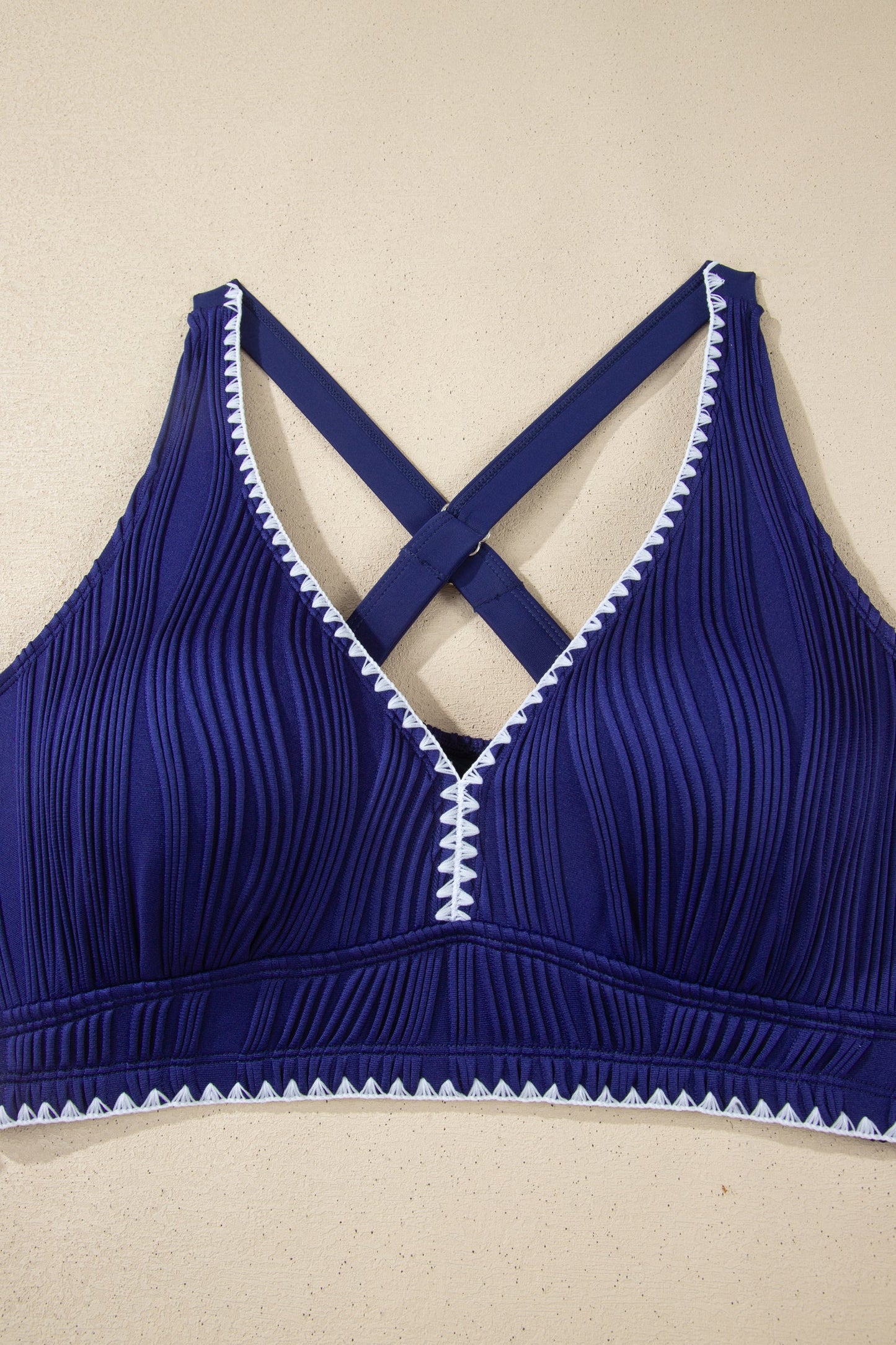Shell Stitch Trim Textured V-Neck High Waist Bikini Set — Supportive Beach Style - Swimwear/Bikinis