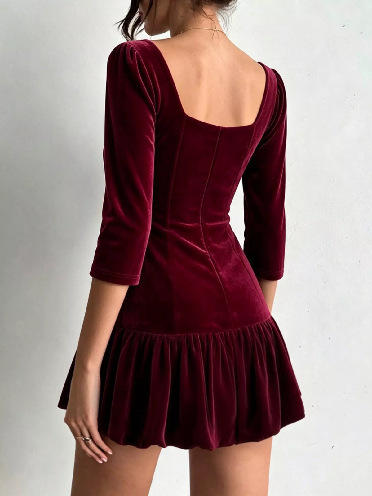 Christmas Velvet Square Neck Mini Dress with Ruffled Hem and Seam Details