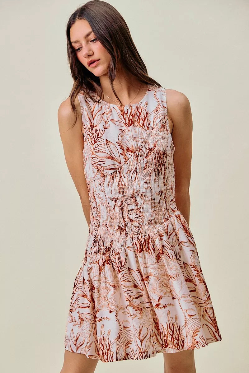 Women's Shell Print Smocked Fit and Flare Mini Dress - TAUPE Mini Dresses