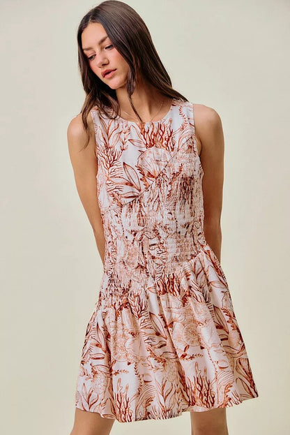 Women's Shell Print Smocked Fit and Flare Mini Dress - TAUPE Mini Dresses
