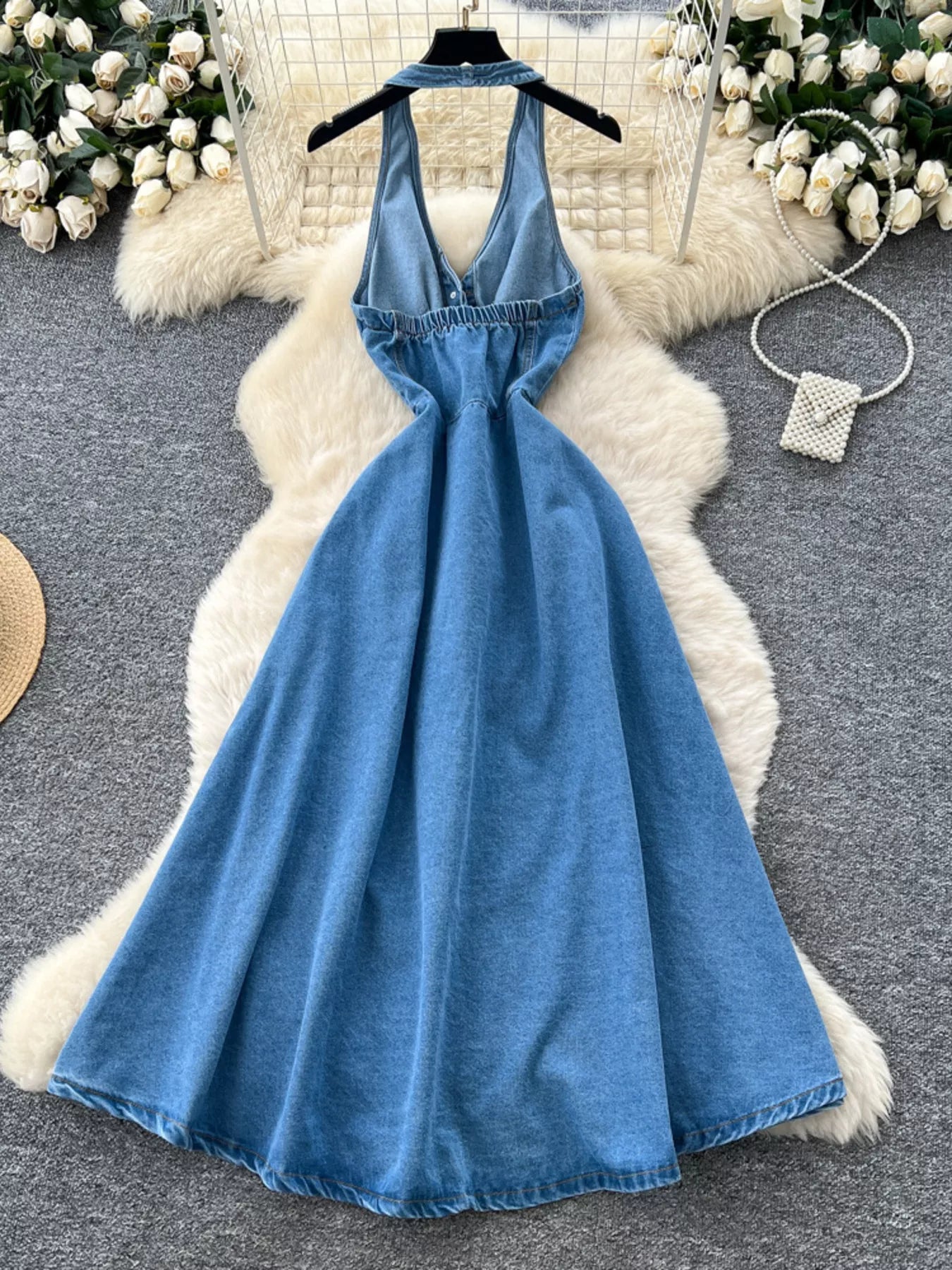 Women's Halter Neck Button Down Denim Maxi Dress - Maxi Dresses