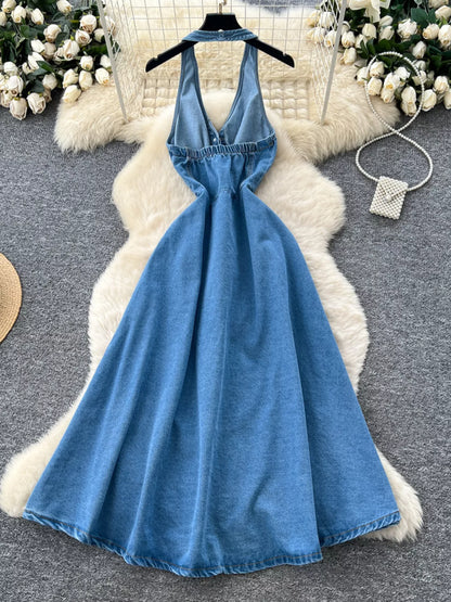 Women's Halter Neck Button Down Denim Maxi Dress - Maxi Dresses