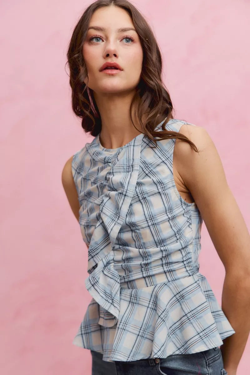 Women's Plaid Sleeveless Ruffle Peplum Top - Tops