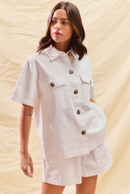 Button-Down Denim Shirt & Matching Shorts Two-Piece Set — Chic Casual Game Day Style - Outfit Sets