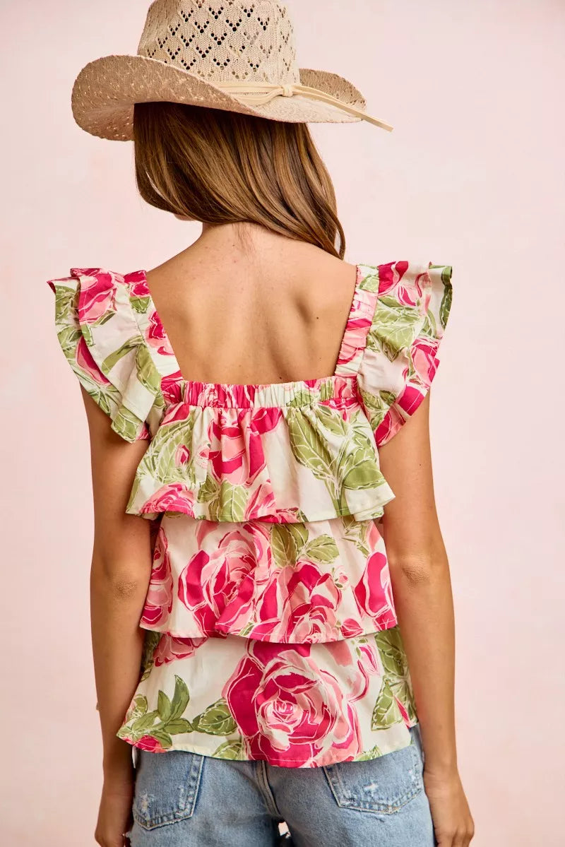 Floral Print Woven Bow Tie Ruffle Square Neck Top — Romantic Charming Feminine Everyday Style - Blouses