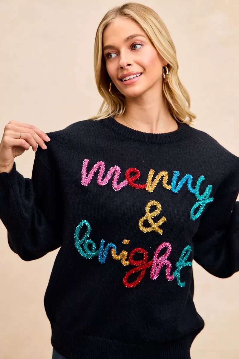 "Merry & Bright" Lettering Christmas Sweater | Trendy Sweaters Outfit Idea for Women by Ro + Ivy | Elevated Basics, Modern Comfort & Style