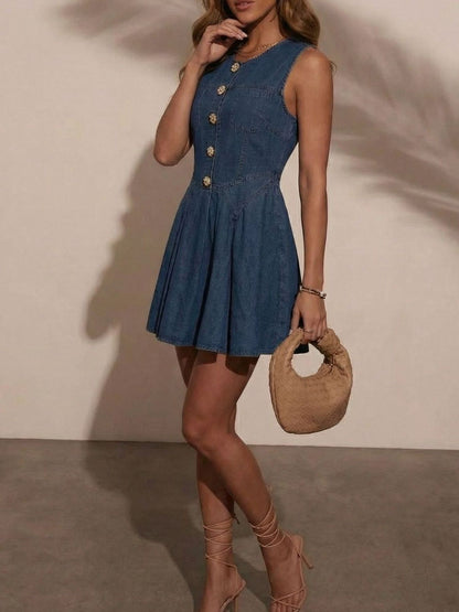 Women's Button Decor Sleeveless Denim Mini Dress - Mini Dresses
