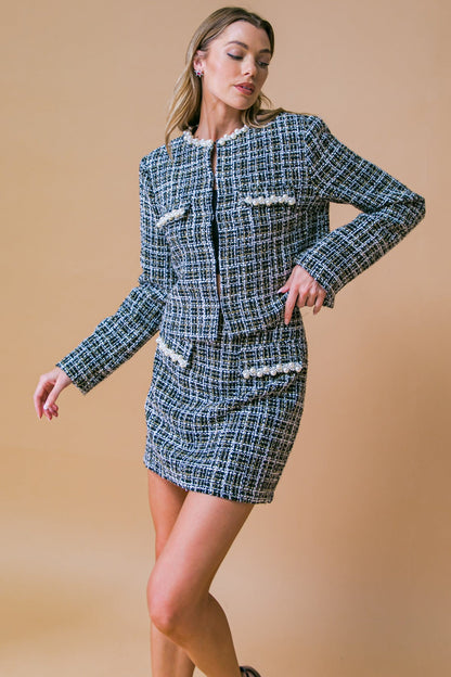 Tweed Mini Skirt with Pearl Details | Trendy Skirts Outfit Idea for Women by Ro + Ivy | Elevated Basics, Modern Comfort & Style