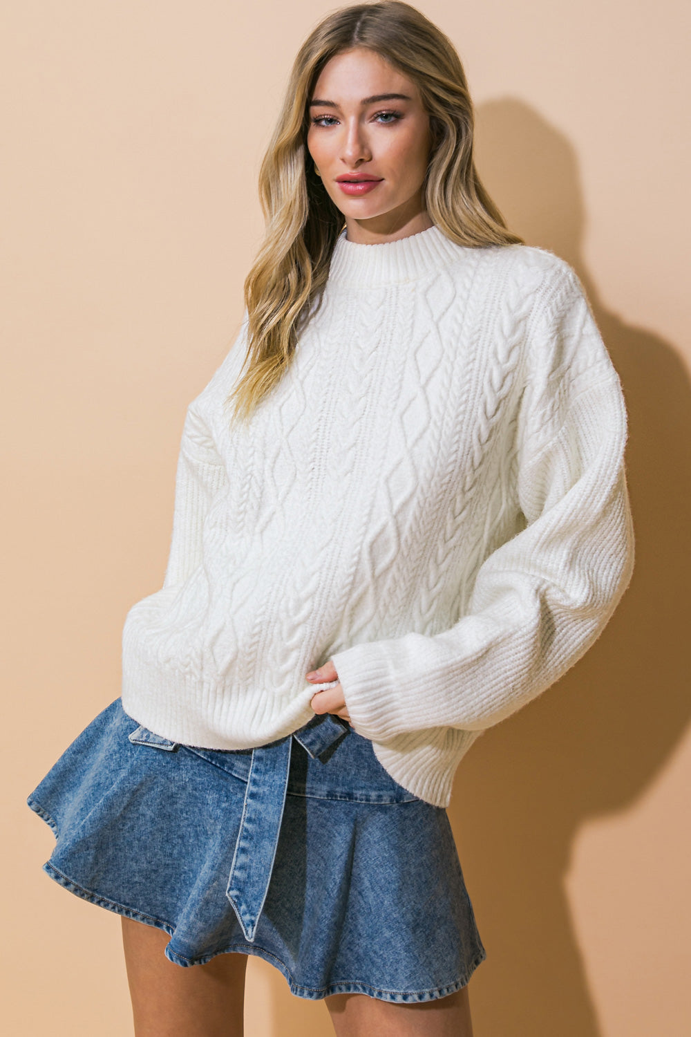 CREAM Mock Neck Cable Knit Sweater | Trendy Sweaters Outfit Idea for Women by Ro + Ivy | Elevated Basics, Modern Comfort & Style