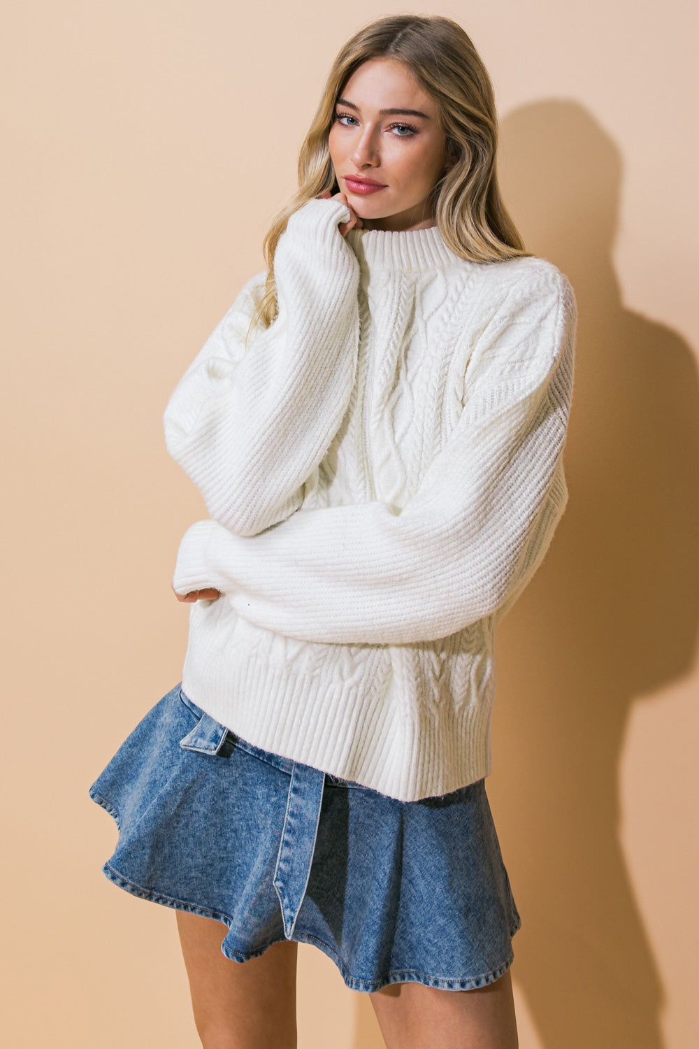 Mock Neck Cable Knit Sweater | Trendy Sweaters Outfit Idea for Women by Ro + Ivy | Elevated Basics, Modern Comfort & Style