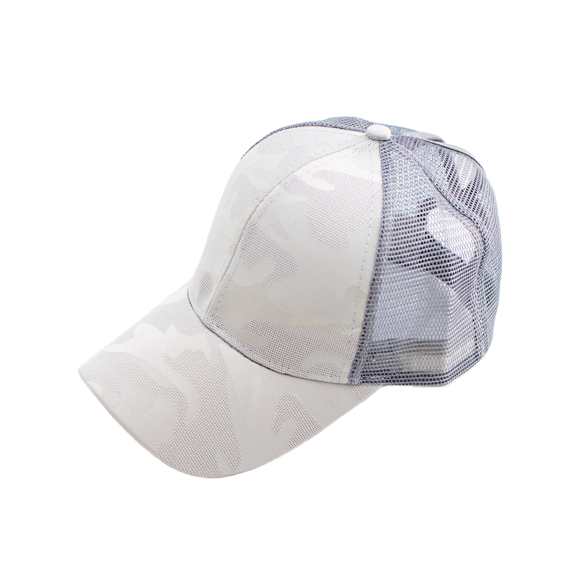 Camo Messy Bun Baseball Cap — High Ponytail Opening Snapback Mesh Back - Gray Baseball Caps