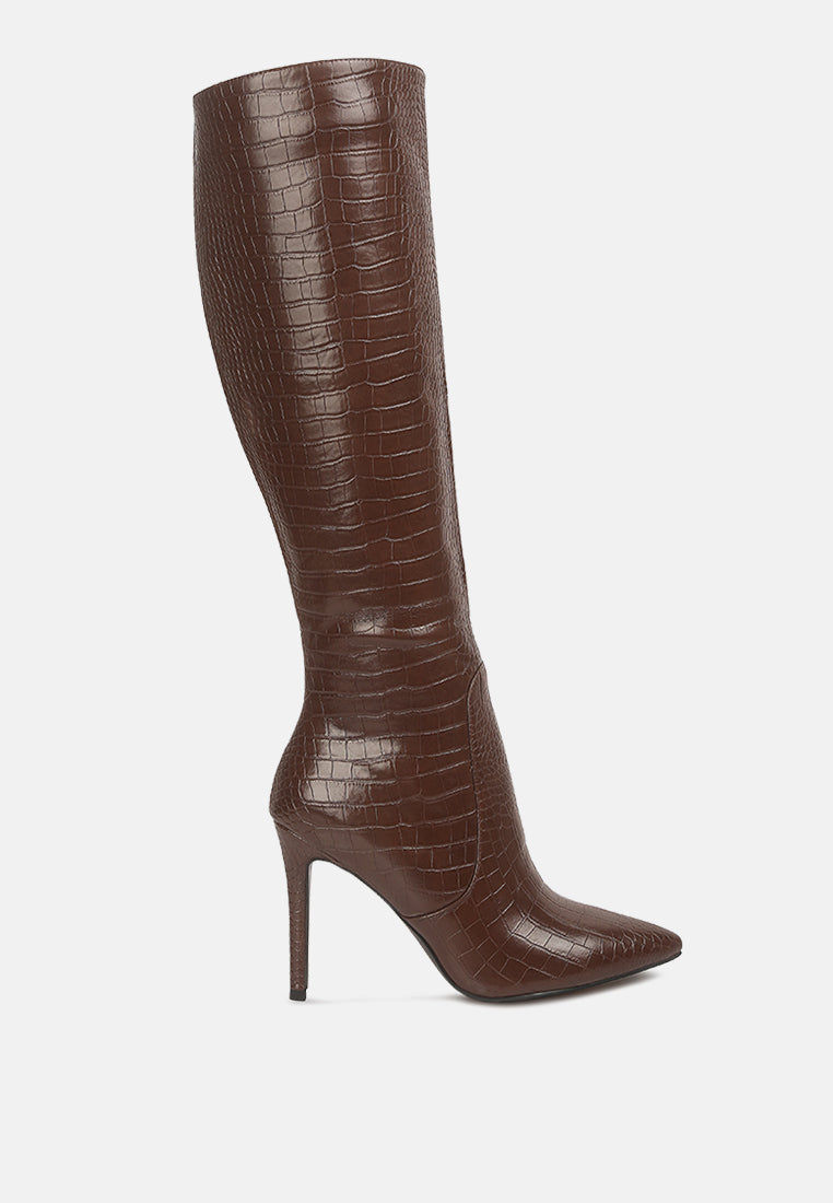Croc-Embossed High-Heel Calf Boots with Side Zipper Dark Brown