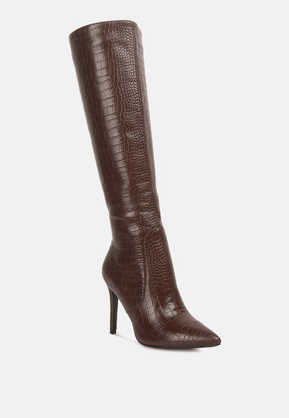 Croc-Embossed High-Heel Calf Boots with Side Zipper