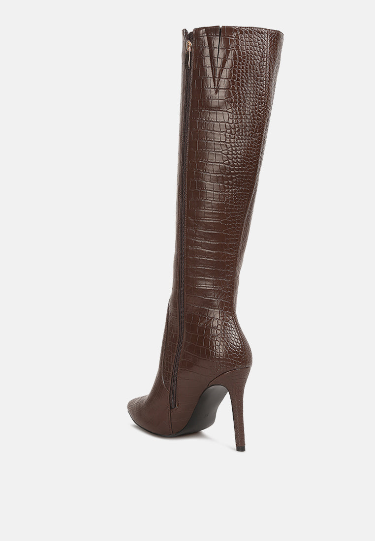 Croc-Embossed High-Heel Calf Boots with Side Zipper