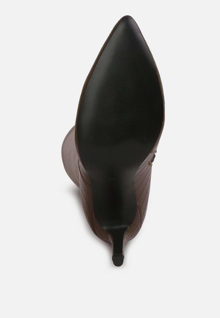 Croc-Embossed High-Heel Calf Boots with Side Zipper