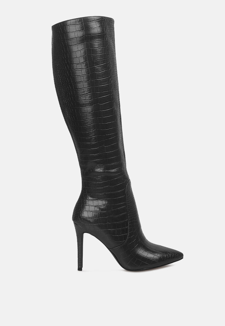 Croc-Embossed High-Heel Calf Boots with Side Zipper Black